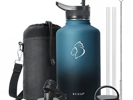 Insulated Water Bottle 64 oz with Straw Lid (3 Lids), BUZIO 64oz Stainless Steel Water Bottle Half Gallon Jug Flask, Double Wall Vacuum Sports Thermo Mug, Cold Hot Hydro Metal Canteen, Indigo Black on Sale