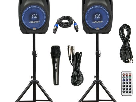 Pair Alphasonik All-in-one 15  Powered 2500W PRO DJ Amplified Loud Speakers Tripod Stands Cable and Microphone Cheap