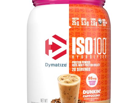 Dymatize ISO100 Hydrolyzed 100% Whey Isolate Protein Powder in Dunkin  Cappuccino Flavor, 25g Protein, 95mg Caffeine, 5.5g BCAAs, Gluten Free, Fast Absorbing, Easy Digesting, 21.5 Oz on Sale