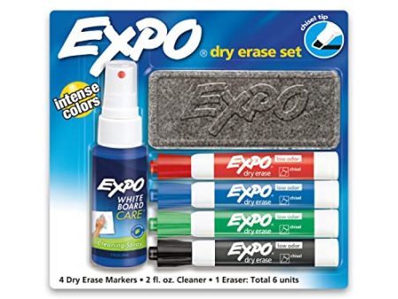 EXPO Low Odor Dry Erase Marker Starter Set, Chisel Tip, Assorted, Whiteboard Eraser, Cleaning Spray, 6 Count Fashion