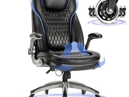 COLAMY Office Chair-Ergonomic Computer Desk Chair with Thick Seat for Comfort, High Back Executive Chair with Padded Flip-up Arms, Stylish Leather Chair with Upgraded Caster for Swivel (Black, 300lbs) For Sale