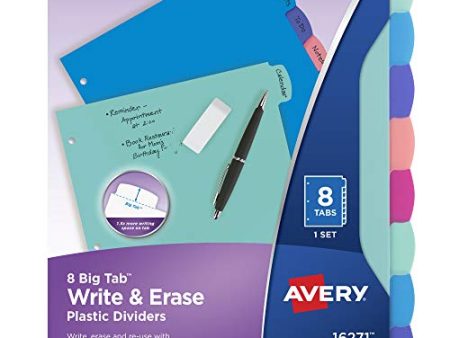 Avery Durable Plastic 8-Tab Write & Erase Big Tab Dividers for 3 Ring Binders, Pastel Brights (16271) Sale